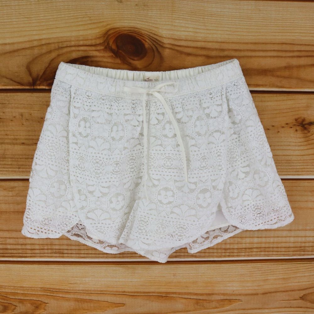 Hollister Shorts Womens Sz S White Floral Lace Overlay Elastic Waist Drawstring‎